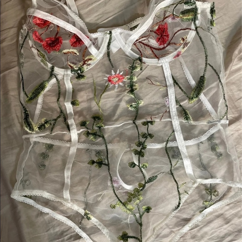 White floral mesh bodysuit